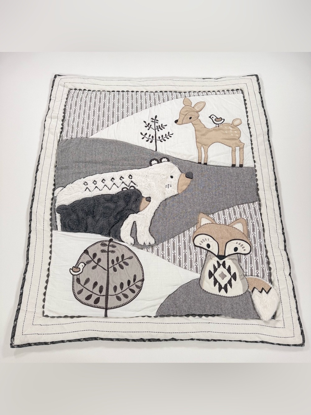 Levtex Baby Bailey Woodland Crib Quilt Blanket Bear Fox Deer Grey White Nursery - Picture 1 of 8